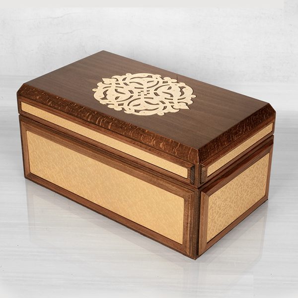 beautifully crafted dark wooden box with intricate gold-plated brass inlay designs, featuring an ornate lid and a light-lined interior.