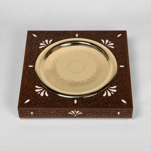 handmade engraved wood tray with a brass plate ingraved and inlaid with mother of pearl