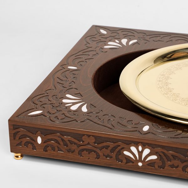 handmade engraved wood tray with a brass plate ingraved and inlaid with mother of pearl