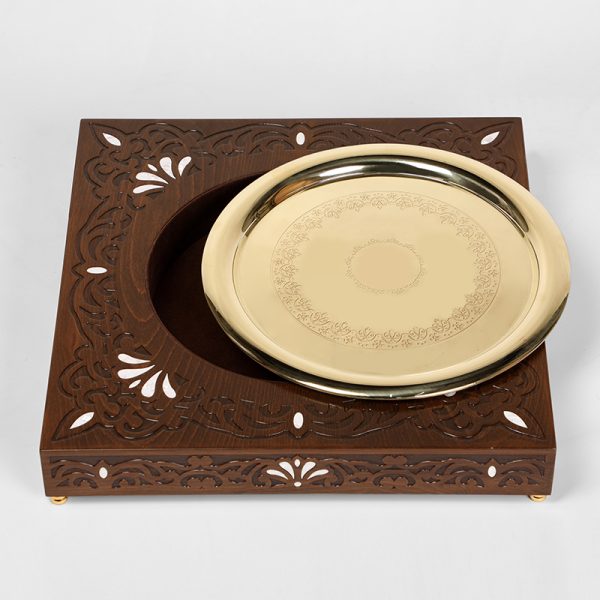 handmade engraved wood tray with a brass plate ingraved and inlaid with mother of pearl