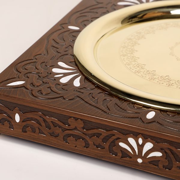 handmade ingraved wood tray with a brass plate engraved and inlaid with mother of pearl