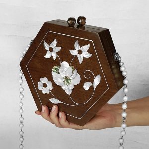 hexagonal wooden hand bag inlayed with mother-of-pearl