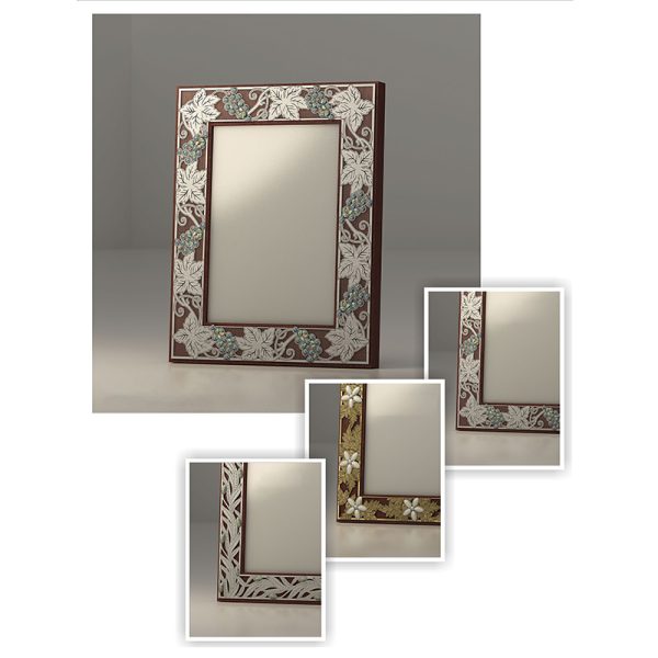 wood and gold or silver-plated brass picture frame inlayed with mother-of-pearl